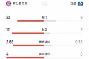 拜仁vs汉堡全场数据：射门22-9，射正12-2，得分机会4-0