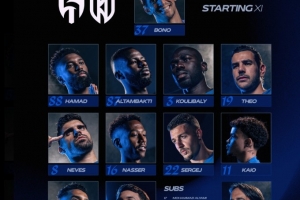 利雅得新月首发：特奥、内维斯、米林出战，努涅斯、坎塞洛缺阵