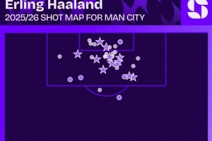 高效！哈兰德本赛季射门36次打进11球，平均每3.3脚射门进1球